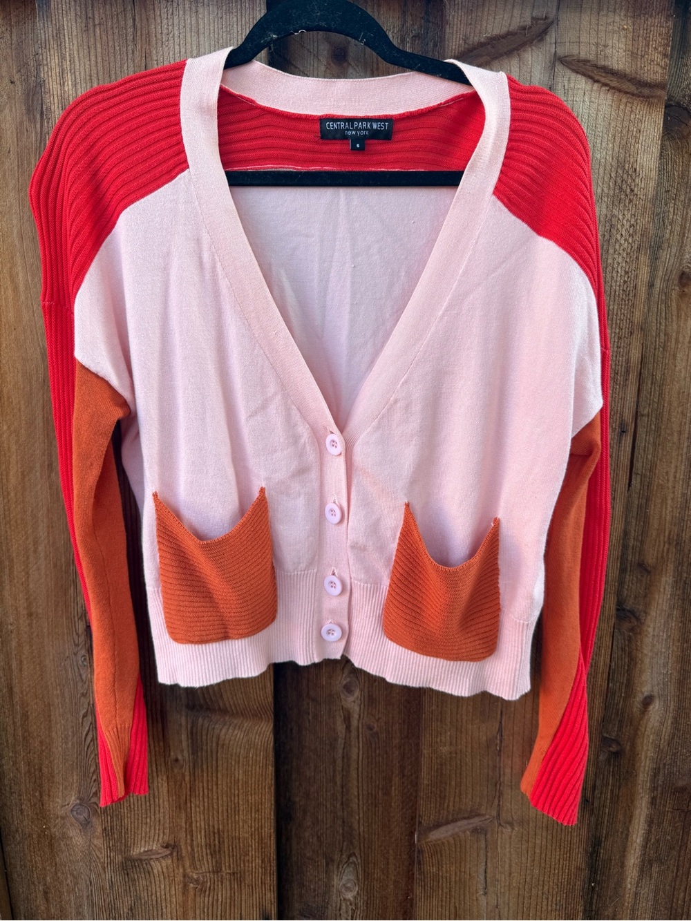 Central Park West Pink and Red Colorblock Cardigan with Orange Pockets